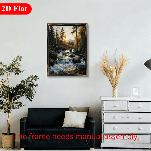 12x16 Inch Framed Wood Wall Art, Rustic Mountain River Landscape with Sunset Scenery, 1pc Rectangular Decorative Panel for Living Room Bedroom Home Decor