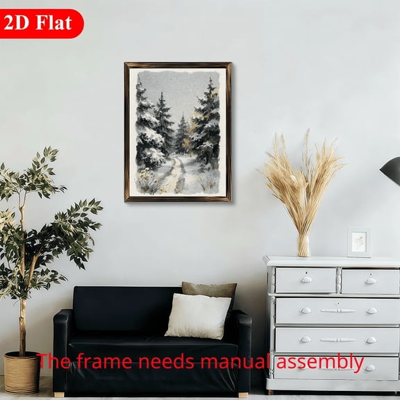 12x16 Inch Framed Wood Wall Art, Snowy Winter Forest Path Landscape Painting 1pc for Seasonal Home Decor