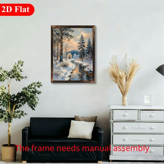 12x16 Inch Framed Wood Wall Art, Snowy Winter Landscape with Forest Stream and Sunset Sky, 1pc Rectangular Decorative Painting for Living Room or Bedroom Decor