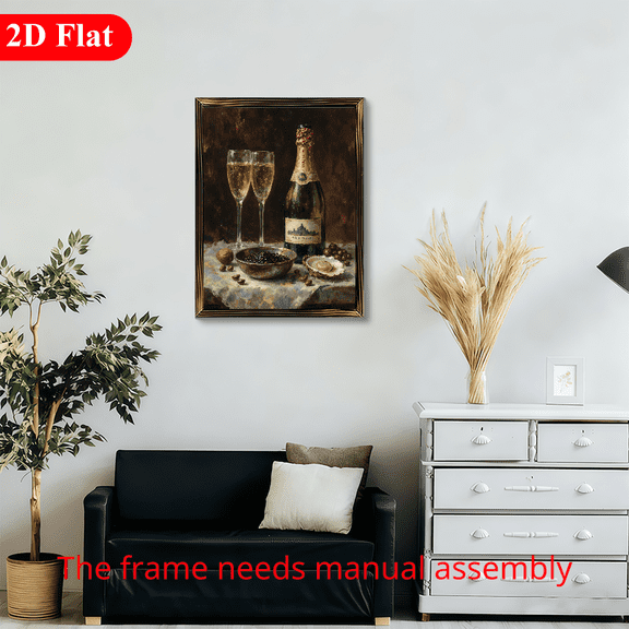 12x16 Inch Framed Wood Wall Art, Still Life Painting of Champagne and Caviar for Kitchen Dining Room Decor 1pc