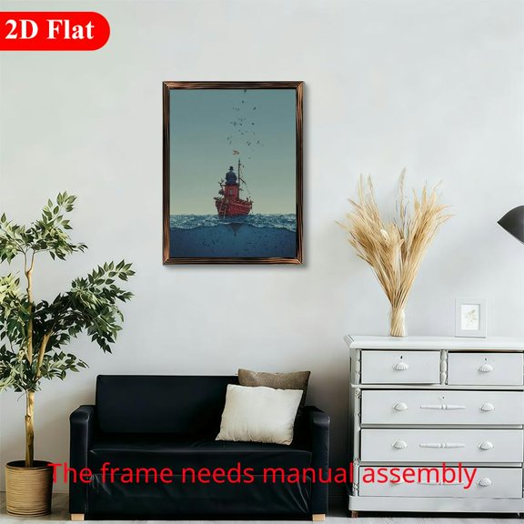 12x16 Inch Framed Wood Wall Art, Surreal Sailor on Red Boat with Birds Design 1pc for Living Room and Bedroom Home Decor