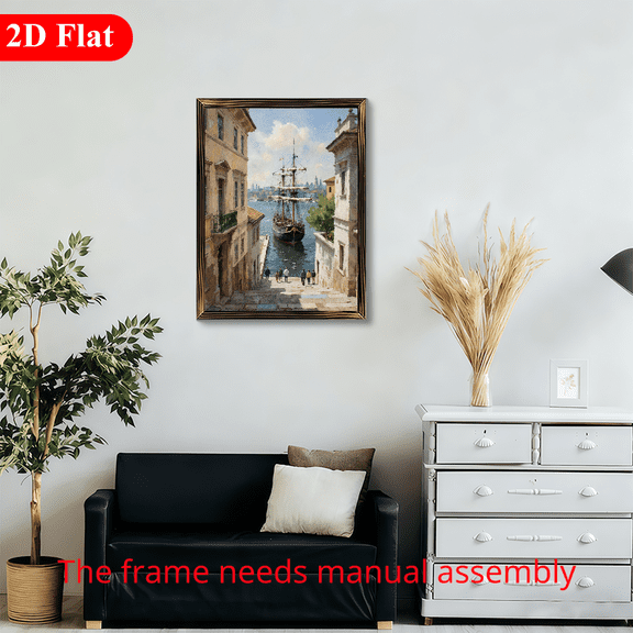 12x16 Inch Framed Wood Wall Art, Traditional Coastal Landscape Painting with Tall Ship and Harbor View 1pc for Living Room Home Decor