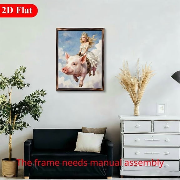 12x16 Inch Framed Wood Wall Art, Whimsical Princess Riding a Flying Pig Illustration for Nursery and Kids Bedroom Decor 1pc