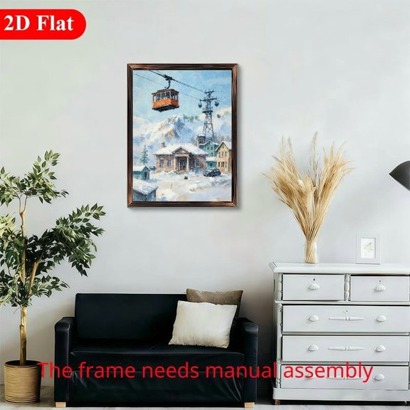 12x16 Inch Framed Wood Wall Art, Winter Mountain Landscape with Cable Car and Snowy Village Scene, Rectangular Decorative Wood Panel 1pc for Living Room or Bedroom Decor