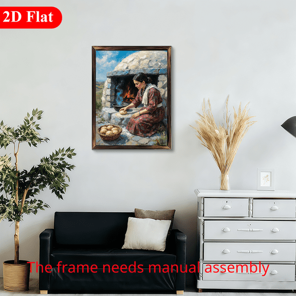 12x16 Inch Framed Wood Wall Art, Woman Baking Bread in Traditional Stone Oven Illustration, Rectangular Rustic Farmhouse Decor 1pc for Kitchen and Dining Room
