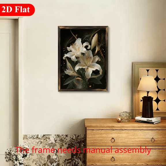 12x16 Inch Framed Wooden Board Print, Blooming Starry Lilies, Dreamy Night Floral Art for Home Living Room and Bedroom Decor