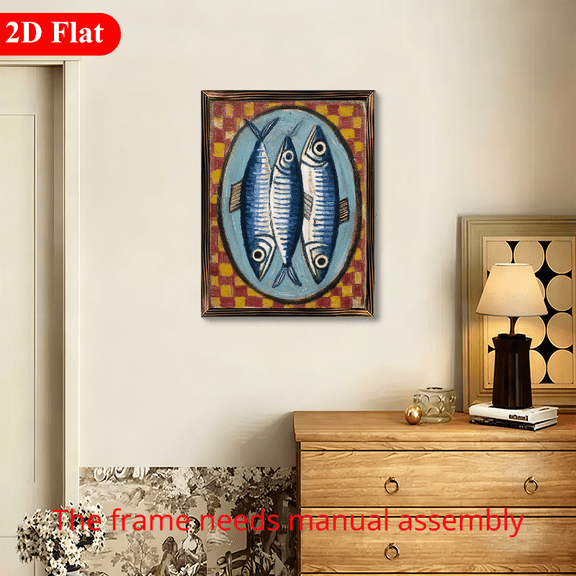 12x16 Inch Framed Wooden Board Print, Three Fish with Checkerboard, Abstract Minimalist Neutral Art for Home Wall Decor