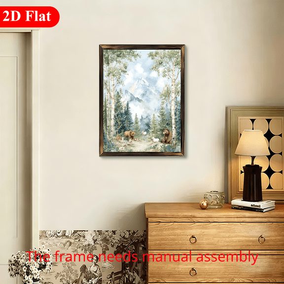 12x16 Inch Framed Wooden Board Print, Woodland Forest Scene with Mountains and Animals, Tranquil Nature Art for Home Wall Decor