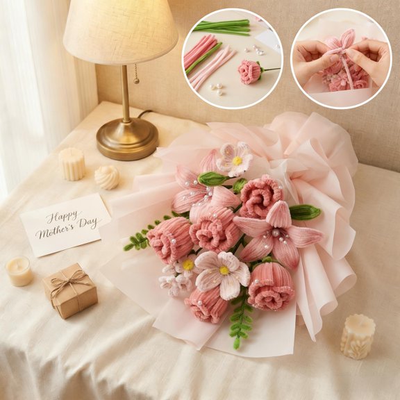 12x16 Inch Handmade Flower Bouquet Kit Chenille Stems DIY Material for Roses and Lilies Gift for Mother's Day and Birthday Blessings