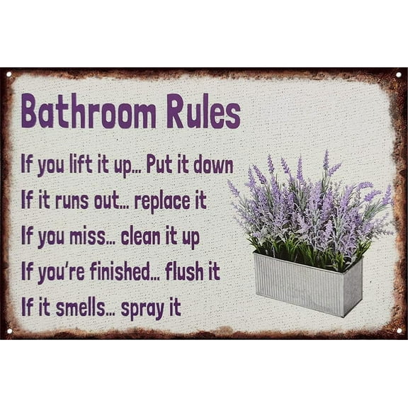 12x16 Inch Lavender Bathroom Rules Vintage Metal Hanging Novelty Sign Farmhouse Home Decor For Toilet, Washroom, Laundry Roomes Warm House Gifts For Uncles, Aunts, Grandparents