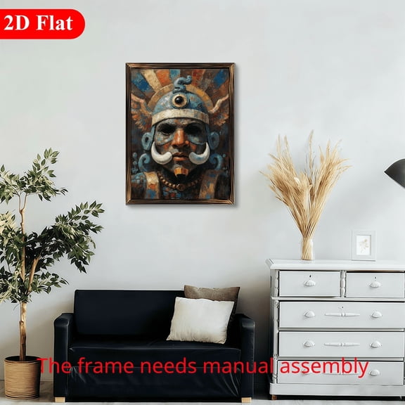 12x16 Inch Rectangular Framed Wood Wall Art, Ancient Aztec Warrior Mask Pattern 1pc for Living Room or Home Office Decor