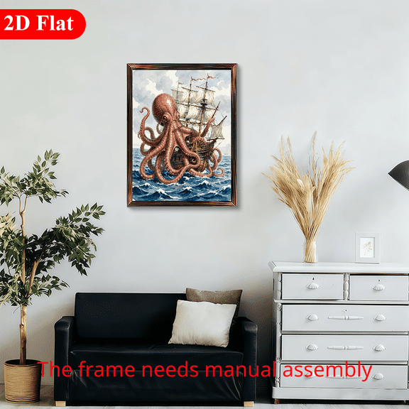 12x16 Inch Rectangular Framed Wood Wall Art, Giant Octopus Attacking Sailing Ship Nautical Artwork 1pc for Bathroom Living Room Office Decor