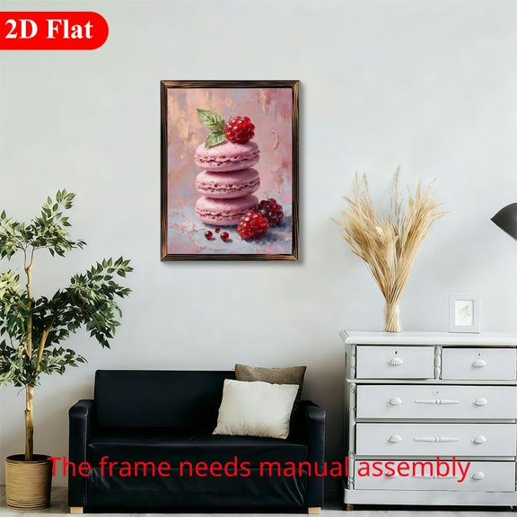 12x16 Inch Rectangular Framed Wood Wall Art, Pink Macaron Stack with Fresh Raspberries Oil Painting Print 1pc for Kitchen and Dining Room Decor