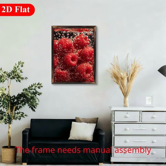 12x16 Inch Rectangular Framed Wood Wall Art, Red Raspberry Fruit Macro Photography with Bubbles 1pc for Kitchen Dining Room Decor