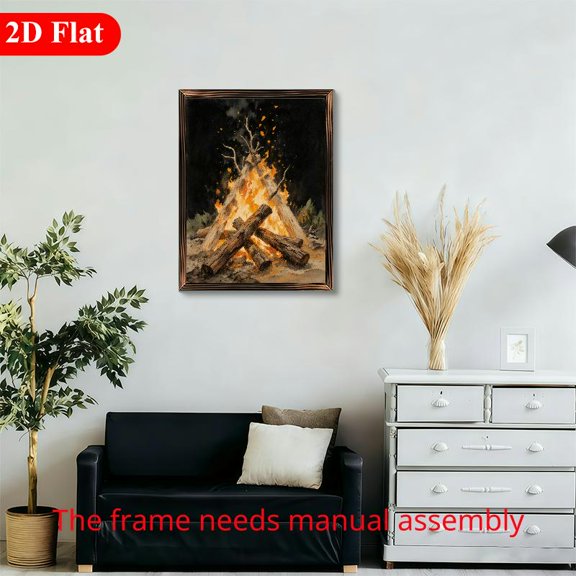 12x16 Inch Rectangular Framed Wood Wall Art, Rustic Bonfire Campfire Scene on Wooden Panel for Living Room Bedroom Home Decor 1pc