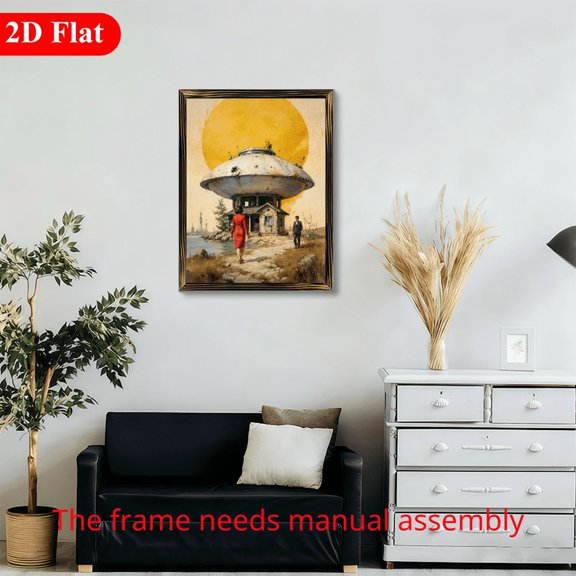 12x16 Inch Rectangular Framed Wood Wall Art, Sci-Fi Surrealist Landscape with UFO House for Living Room Bedroom Office Decor 1pc
