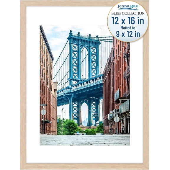 12x16 Light Oak Picture Frame Fits 11x15 Photos with Mat to 9x12 Image - Modern Style Engineered Wood Poster Frame - Wall Mount Only - Bliss Collection