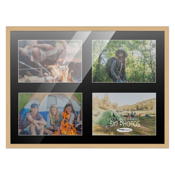 12x16 Natural Wood Collage Frame with Black Mat to Display 4 5x7 Pictures