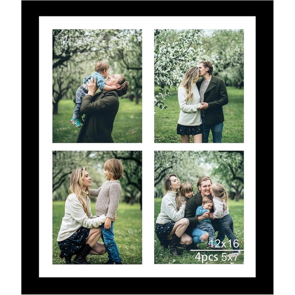 12x16 Picture Frame, 5x7 Collage Picture Frame, Display 4 Pcs 5x7 Photos or 12x16 Picture, Four Opening 5x7 Collage Frame for Wall Hanging, Lightweight 5 x 7 Multi Photo Frame, Black