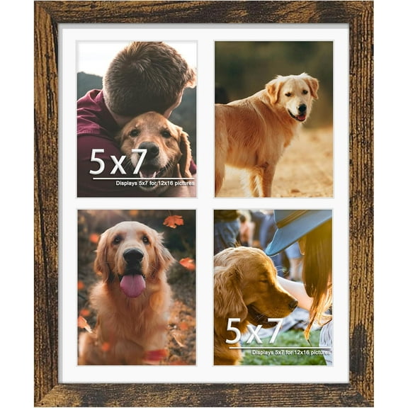 12x16 Picture Frame 5x7 Collage Picture Frame Displays Four 5x7 inch Photos or 12x16 (Without Mat) for Available Horizontal Wall Mounting Display and Vertical Brown
