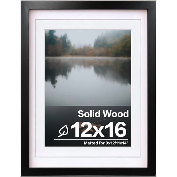 12x16 Picture Black, Covered by Plexiglass Made of Solid Wood, Display Pictures 9x12 and 11x14 with Mat or 12x16 Without Mat, for Wall Mounting Photo