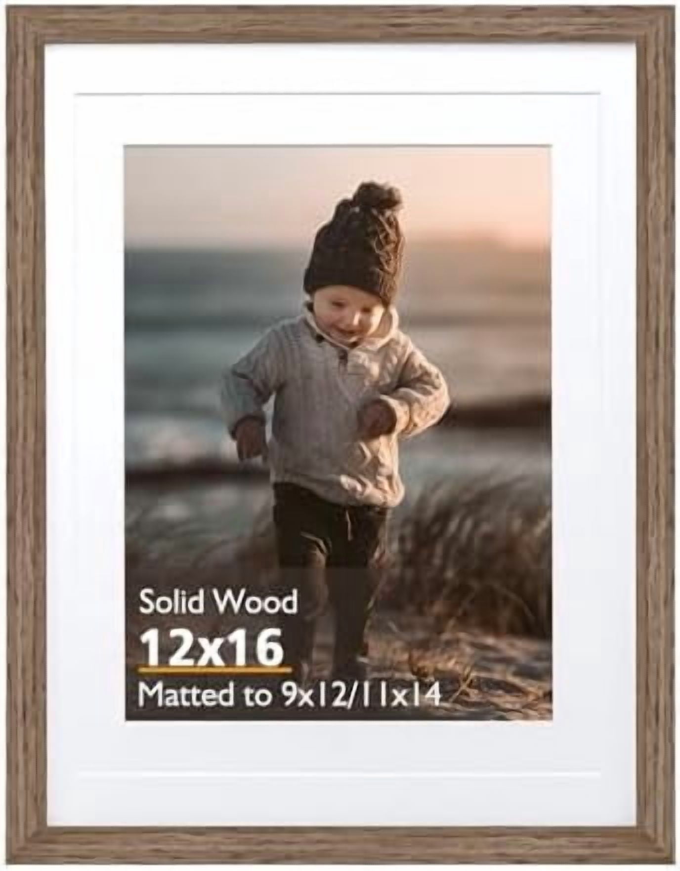 12x16 Picture Frame, Brown Wood Solid Wood Frame with Acrylic Plexiglass for Pictures 11x14/9x12 with Mat or 12x16 without Mat,Wall Mounting Display Photo Frame 1 Pack