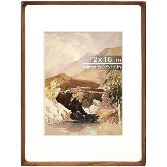 12x16 Picture Frame with Mat for 8.5x11, Natural Walnut Wood Handcrafted Rounded Corner with Plexiglass, Vertical or Horizontal Display Photo Document Gallery Poster Wall Mounting Frame