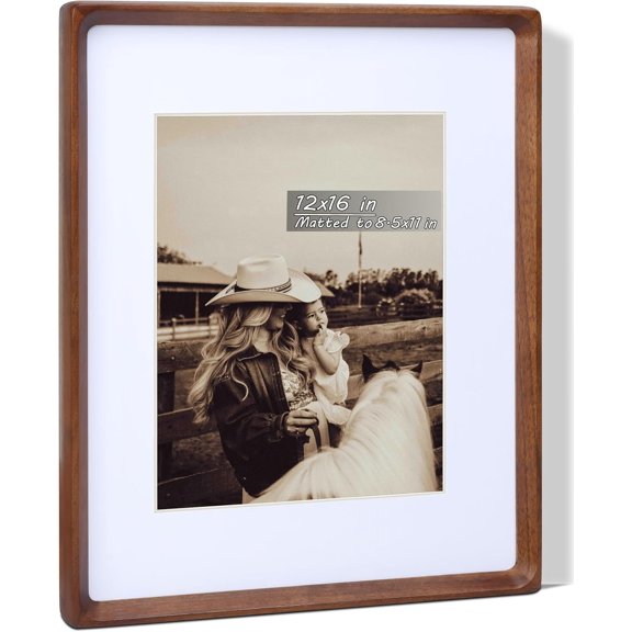 12x16 Picture Frame with Mat for 8.5x11, USA-Sourced Natural Walnut Wood Handcrafted Rounded Corner Plexiglass, Vertical or Horizontal Display Photo Document Gallery Wall Poster