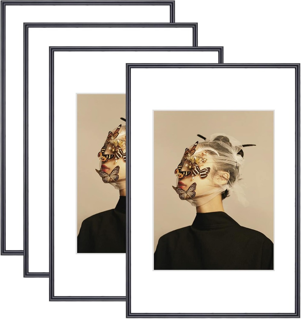 12x16 Picture Frame Set of 4, Matted Black Simple Modern Brushed Thin