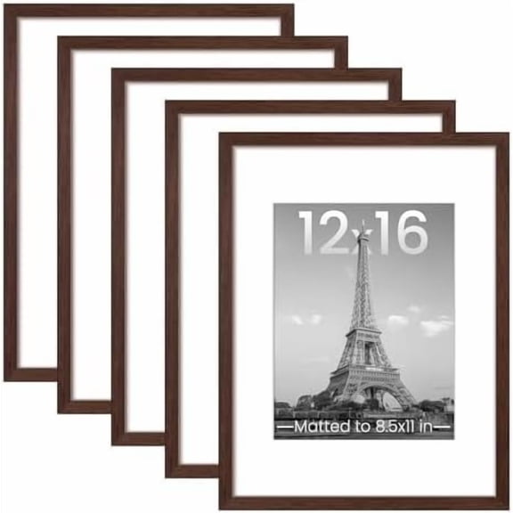 12x16 Picture Frame Set of 5, Display Pictures 8.5x11 with Mat or 12 x 16 Without, Wall Gallery Poster Frames, Brown