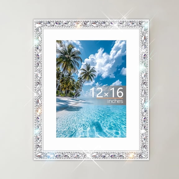 12x16 Solid Wood Bling Picture Frame for Hanging Wall Decor,Display Pictures 10x14 with Mat or 12x16 Without Mat,Design Glitter Sparkle Glass Diamond Rhinestones Lace Photo Frame (White)