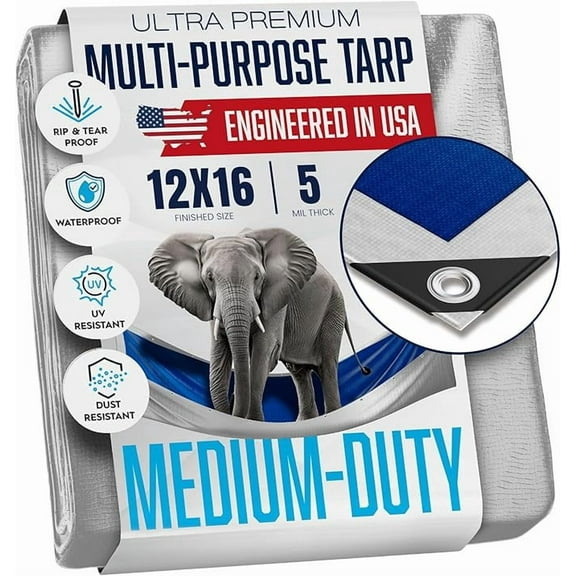 12x16 Tarp, 5.5 Mil Thick, Waterproof Plastic Poly, Grommets Every 18 inches, Reversible Blue/Silver, Emergency Shelter, Outdoor, Camping Use