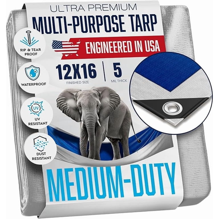 12x16 Tarp, 5.5 Mil Thick, Waterproof Plastic Poly, Grommets Every