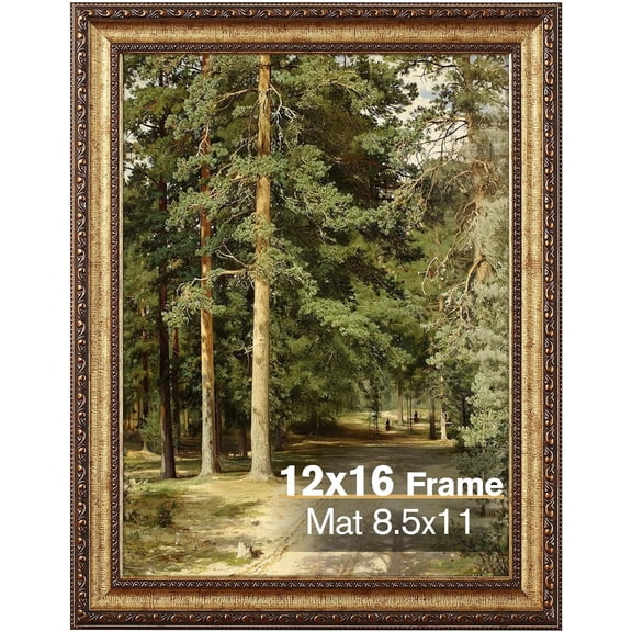 12x16 Vintage Gold Picture Frame, Matted for 8.5x11 Photo Print, Large Decorative Photo Frame for Wall Mount Home Office Decor