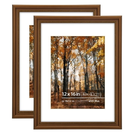 12x16 in Wood Classic Gallery Poster Picture Frame, Gold Ornate Beaded Inner, Matted for 9x12 Photo, Multiple Way Display, Brushed Brown Brass,2 Pack