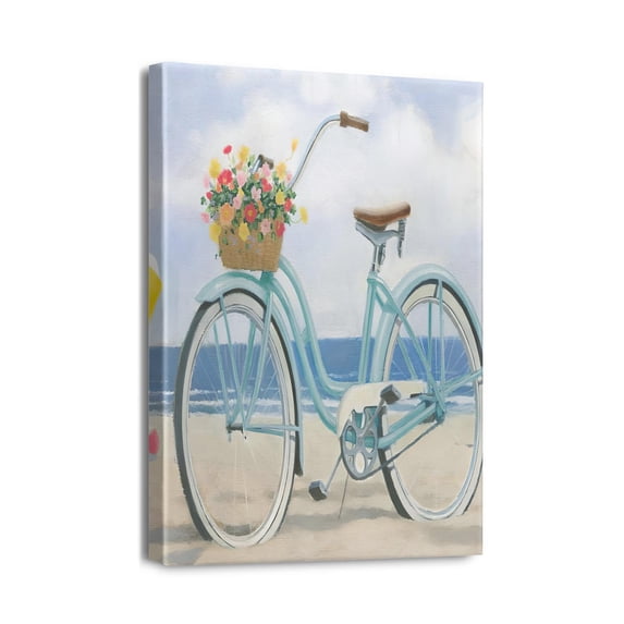 12x16 inch Beach Wall Art Contemporary Bathroom Decor Piece Featuring a Framed Bicycle Canvas Print & Seascape Painting