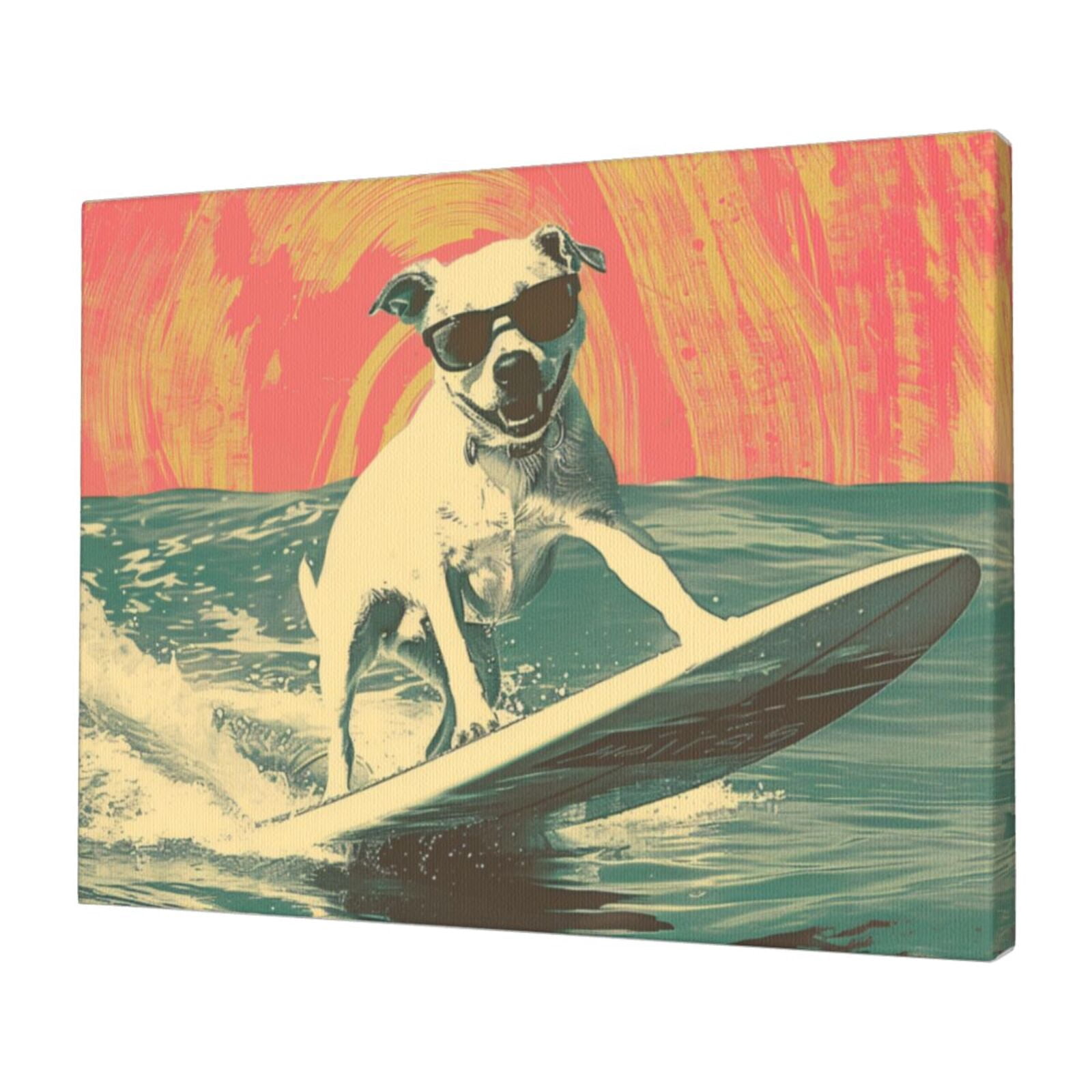 12x16 inch Canvas Frameless Painting Surfing Dog,Man Cave,Bathroom,Lounge Decor Wall Art Prints,Classic Surfing Dog Modern Style Oil Paintings On Canvas,For Surfing Lovers Gifts,Bedroom Decor
