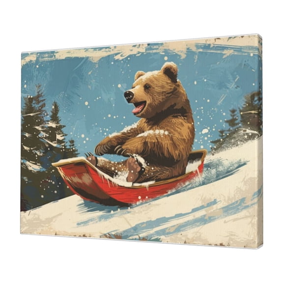 12x16 inch Canvas Frameless Picture Bear Skiing,Man Cave,Zoo,Bedroom Wall Decor Paintings On Canvas,For Bear & Skiing Enthusiast Gift,Funny Skiing Bear Art Poster Prints,For Cafe,Man Cave,Bar
