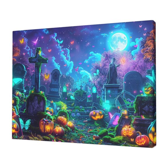 12x16 inch Canvas Frameless Picture Colorful Cemetery And Pumpkin Head,Man Cave,Cafes,Yard,Kid Room Wall Decor,Charm Festival Decoration,Colorful Cemetery And Pumpkin Head Modern Style Prints