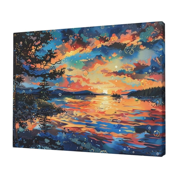 12x16 inch Canvas Frameless Picture Sunset By The Lake,Home Room Decor Bathroom Accessory,Charm Sunset By The Lake Modern Style Painting Canvas,For Bathroom,Cafes,Bedroom,Study Wall Art Decor