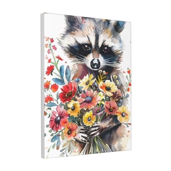 12x16 inch Canvas Hanging Picture Cute Raccoon & Flowers,Cafes,Zoo,Lounge,Nursery School,Florists Wall Decor Painting Canvas,Gifts For Raccoon & Flowers Lovers,Raccoon & Flowers Decor Poster