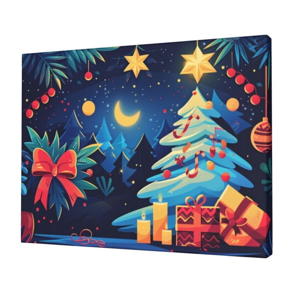 12x16 inch Canvas Hanging Picture Snowy Night Christmas Tree,Farmhouse Yard Garden,Living Room,Office,Cafes Decor Wall Art Prints Poster,Cartoon Christmas Tree Oil PaintingWall Art,For Cafes