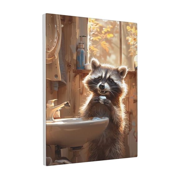 12x16 inch Canvas Painting Pictures The Little Raccoon Next To The Sink,Indoor Toilet,Bathroom Decor Accessory,Classic Raccoon Modern Art Paintings,Gift For Raccoon Lovers,Zoo,Man Cave,Cafes