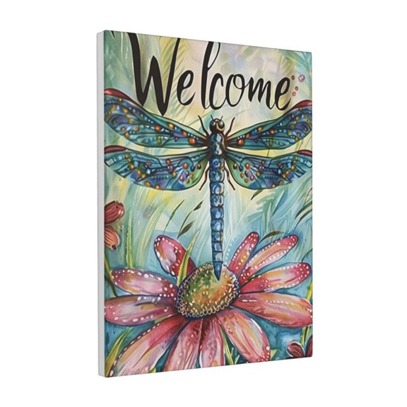 12x16 inch Canvas Painting 'Welcome' Slogan Dragonflies & Flowers,Outdoor Yard Garden Decor Canvas Poster,Indoor Home Living Room,Bedroom,Studio Wall Decor Prints,Gifts For Dragonflies Lover