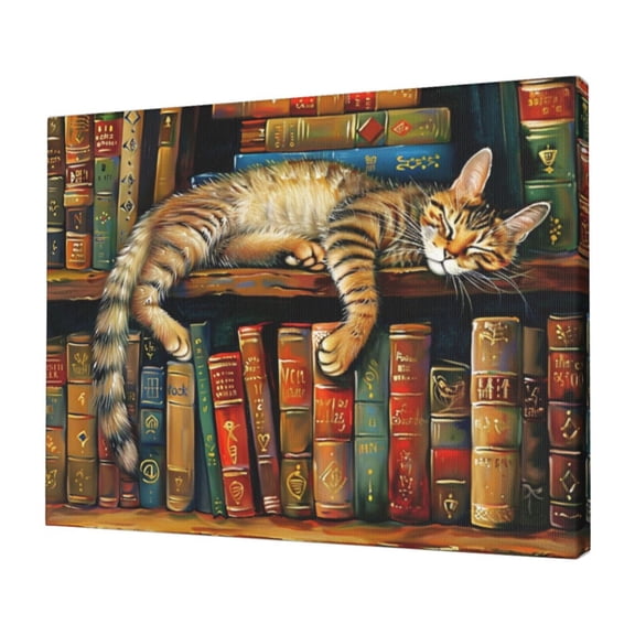 12x16 inch Canvas Paintings For Study The Sleeping Cat On The Bookshelf,Home Study,Campus Library,Cafes Wall Decor Art Prints,Classic Sleeping Cat On The Bookshelf Modern Style Decor Painting