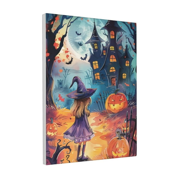 12x16 inch Canvas Pictures Moon Night Pumpkin Castle & Girl,Rustic Yard,Man Cave,Living Room,Cafes Wall Decor Hanging Picture,Modern Art Pumpkin Castle & Girl Decor Oil Paintings Canvas Gift
