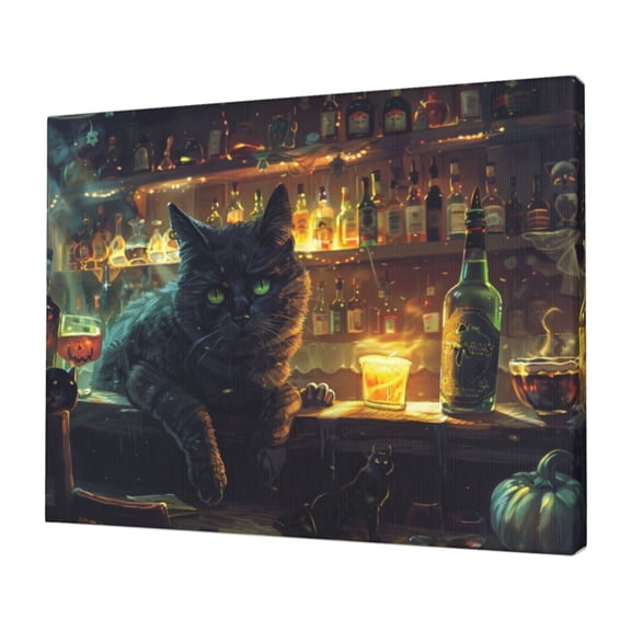 12x16 inch Canvas Poster Painting Black Cat In The Tavern,Fun Tavern,Yard,Living Room,Bar Picture Wall Decor,Classic Cat In The Tavern Modern Style Canvas Hanging Picture,Gifts For Cat Master