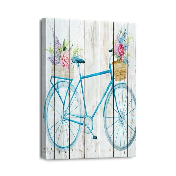 12x16 inch Coastal Beach Decor Rustic Bicycle Wall Art with Floral Butterfly, Beautiful Canvas Painting for Bathroom, Bedroom, Living Room