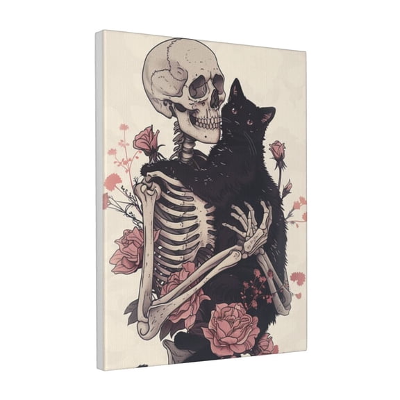 12x16 inch Flowers Skeletons,Black Cat Yard Decor Canvas Hanging Pictures,Man Cave,Lounge,Cafes,Hotels Picture Wall Decor Prints,Exquisite Skeletons,Black Cat Decorative Painting Poster Gift