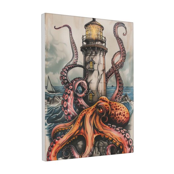 12x16 inch Frameless Canvas Painting Squid & Old Lighthouse,Indoor Bathroom,Cafes,Living Room Wall Decor Art Hanging Prints,Fun Squid & Old Lighthouse Frameless Painting,For Tavern,Man Cave
